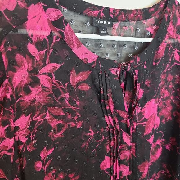 Torrid Womens 3X Black Pink Floral Sheer Chiffon Clip Dot Button-Front Blouse - Picture 6 of 9
